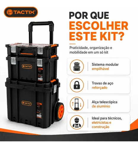 Kit Caixa de Ferramentas Modular Carrinho com Rodas e Alça