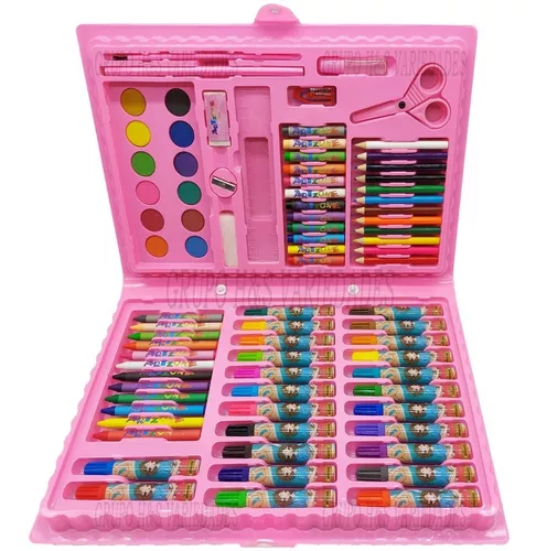 Estojo De Pintura Com 98 Peças Para Meninas Kit Escolar Rosa 98 Peças  Estojo Maleta Pintura Desenhar