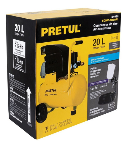 Kit Compresor de aire eléctrico portátil Pretul COMP-KIT20P3 monofásico 20L 1.5hp 127V 60Hz amarillo + manguera + pistola de gravedad