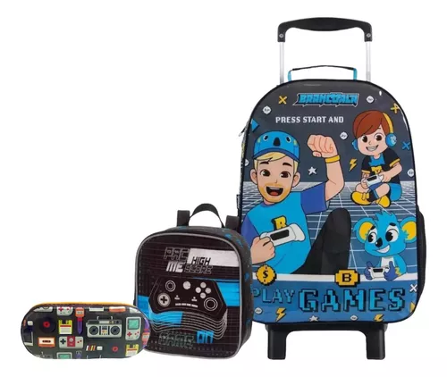 Mochila de Rodas Escolar Brancoala Games com parte térmica - Azul