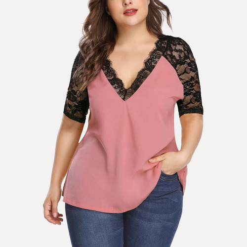 L Blusa Talla Grande Mujer Media Manga Encaje Sólido Cuello