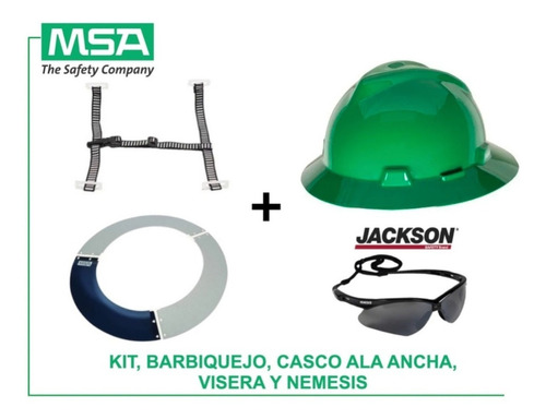 Kit Casco Ala Ancha Verde, Barbiquejo, Visera Msa Y Nemesis