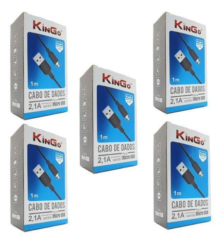 Kit 5 Cabos Usb V8 Kingo Preto 1m 2.1a Para Galaxy J6 Plus