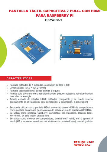 Pantalla Tactil Capacitiva 7´´ Con Hdmi Para Raspberry Pi