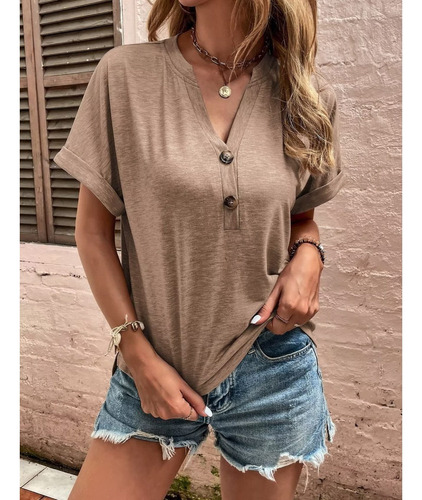 Blusa Casual De Moda Con Cuello En V Y Manga Enrollada