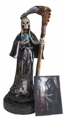 Figura Santa Muerte Negra Ritualizada, Resina + Oración 