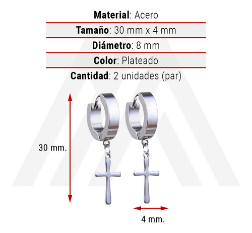 Aros Colgantes Cruz De Acero Inoxidable Set X 2 Unidades