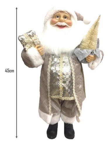 Papai Noel Casaco Cinza Perolado Luxo 45cm Presente Pinheiro