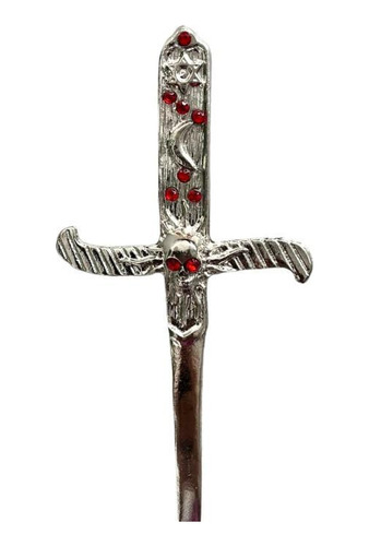 Athame Crânio Em Metal Prata Brilhante 19 Cm Pedra Vermelha