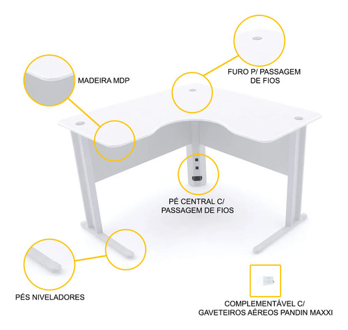 Mesa Em L P/ Escritório 120x120 Pandin Maxxi - Branco Branco