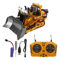 Comprar Bulldozer de brinquedo de controle remoto 1:24 de 9 canais, cor amarela, caminhões, brinquedos RC, veículos de construção de brinquedos com luz e som para crianças, presentes de Natal para crianças
