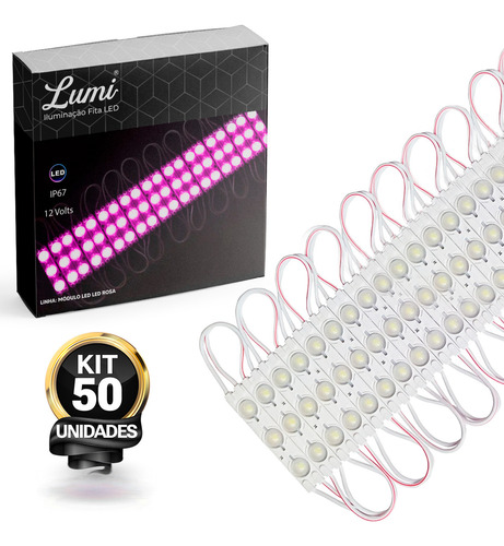 Kit 50 Módulo De Led Injetado Lente 160º 3 Smd/3030 Led 12v Rosa Ip67 Lumi