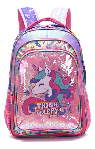 Mochila Escolar Skora Think Happy Unicornio Lentejuelas 