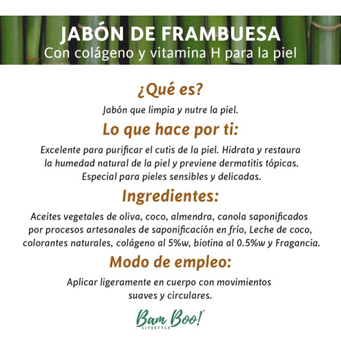 Imagen 2 de 5 de Jabón Frambuesa Con Colágeno Y Vitamina H 100 Gr Bam Boo!