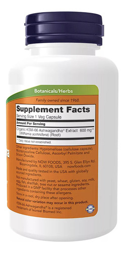 Suplemento Ksm 66 Ashwagandha 600 Mg 90 Capsulas Now Foods Sin Sabor