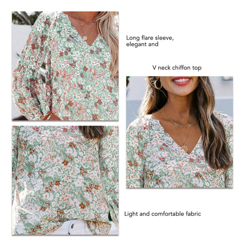 Blusa De Chifón De Manga Larga Con Cuello En V Y Estampado F