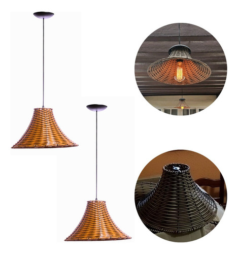 2 Pendentes Junco Chapéu Chinês Luminária Lustre Fio 2m