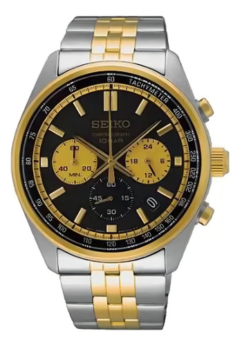 Relógio Seiko masculino cronógrafo SSB430B1 esportivo de aço dourado com mostrador preto à prova d'água, pulseira de aço inoxidável elegante e robusto