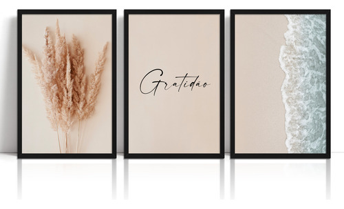 Quadros Decorativos Para Sala Quarto Bege Boho Mar Gratidão Cor Conforme Imagem Cor da armação Preto