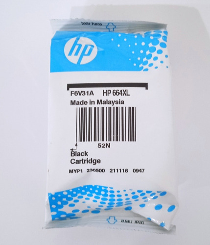 Cartucho Hp 664xl Alto Rendimiento Negro F6v31al En Bolsa