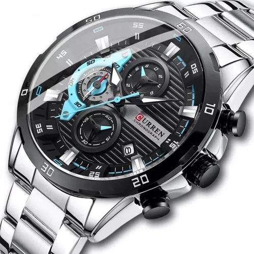 Curren 8402 pulsera de cuarzo azul de acero inoxidable para hombre, correa de reloj color plata