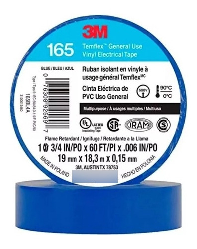 Cinta Aisladora 9mt X 19mm Electricista 3m Color Azul
