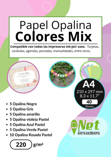 Papel Opalina Colores Doble Faz 220gr Mix A4 40 Hojas