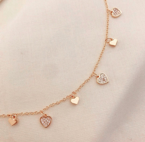 Choker Collar Corazones Circones Delicado Baño Oro Rosa Aros