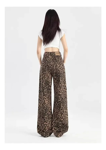 Jeans Anchos De Cintura Alta Con Estampado De Leopardo Para
