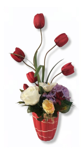 Arreglo Tulipanes Rojos, Hortencias Lilas Y Rosas Artificial