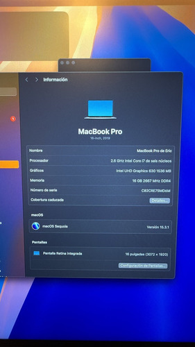 Macbook Pro (16 Pulgadas, Intel Core I7, 512 Gb Ssd, 16 Gb ) (Usado)