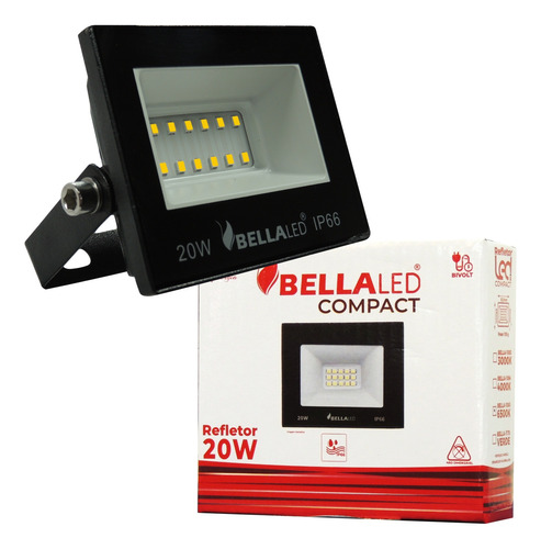 Kit 04 Und Refletor Led Compact Bellaled Ip66 20w 4000k Preto 4000k