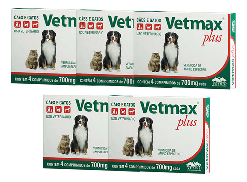 Vetmax Plus 700mg Vetnil 4 Comp. Cães E Gatos Kit Com 5