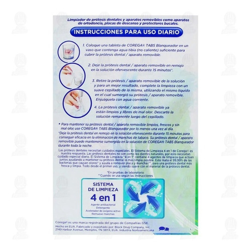 Tabletas Limpiadoras Blanqueador Corega Tabs Prótesis 2 Pack