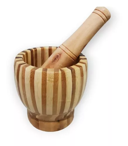 Tradineur - Mortero de madera natural - Incluye mazo de 16 cm - Machacador  manual de cocina para moler ajo, especias y hierbas 