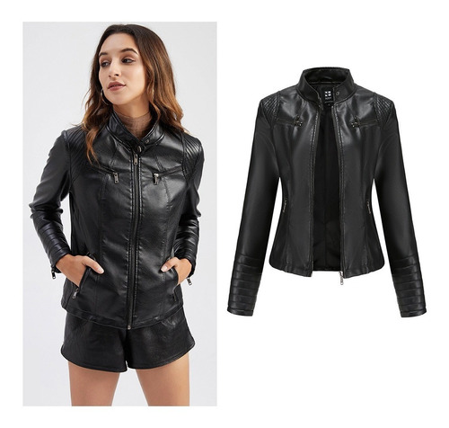 Chamarra De Piel Mujer Moda Slim Alta Calidad Biker Chamarra