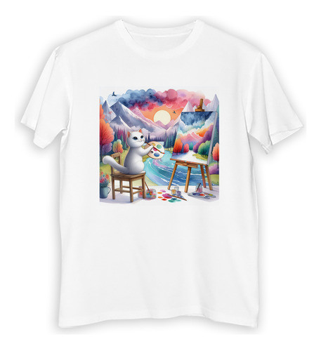 Remera Hombre Gato Pintando En Las Montañas Acuarela