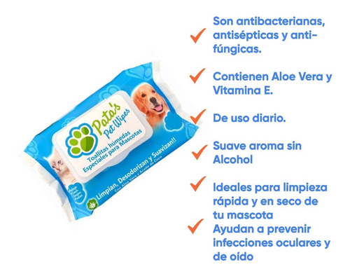 Imagen 5 de 10 de Toallitas Humedas Perro Gato Paños Patas Orejas Limpias X 5