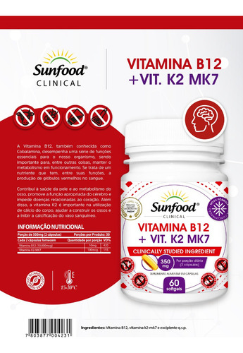 Vitamina B12 + Vitamina K2 Mk7 - 60 Caps - Sunfood Clinical Sabor Without flavor