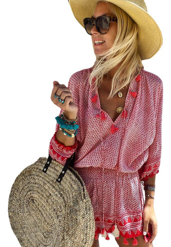 Vestido De Playa Rosa Escote En V Con Dobladillo De Borlas