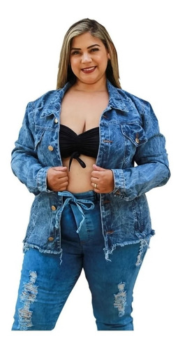 Jaqueta Jeans Feminino Plus Size Detalhe Rasgado G1 Ao G4