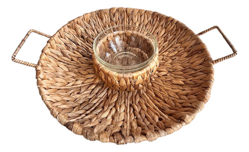 Botanero Grande Artesanal Redondo Con Bol De Cristal Marrón
