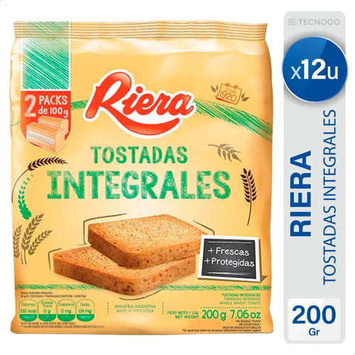 Tostadas Integrales Riera Galletitas Saladas - Pack X12 Unid