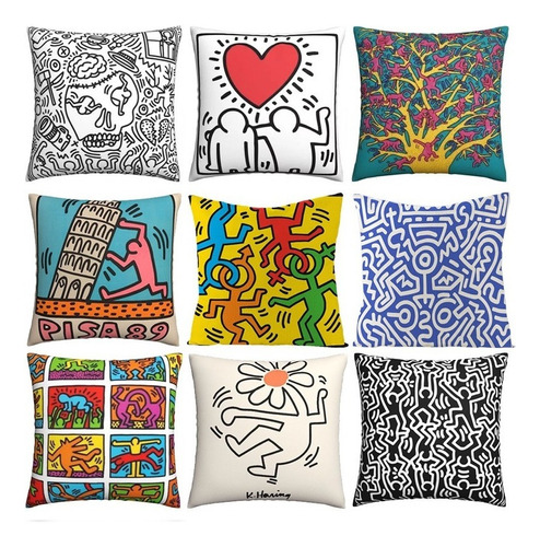 Juego 9 Fundas Keith Haring Arte Urbano Pop Cojínes En Lino