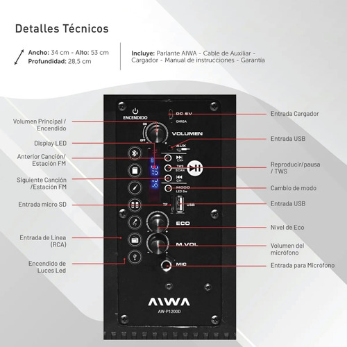 Imagen 3 de 10 de Parlante Aiwa Aw-p1200d-sa Portátil Bluetooth 12 Pulgadas Lh