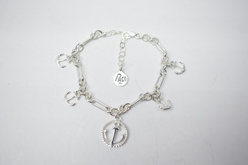 Pulsera De Anclas 5 Dijes Plata Ley .925 