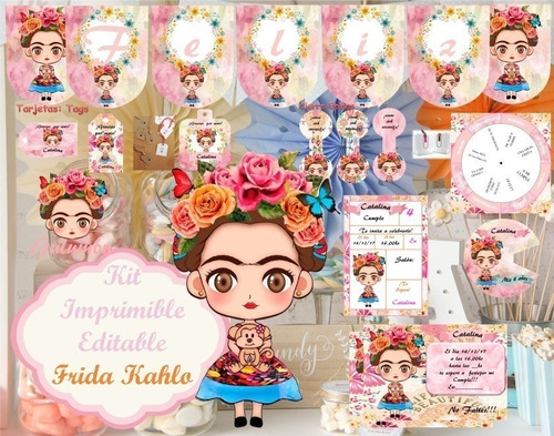 Kit Imprimible Frida Kahlo Niña Invitaciones Editable Candy