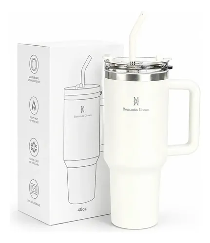COPO TÉRMICO GIGANTE 1,2L INOX COM TAMPA E INOX CANUDO COR BRANCO COR PURA / MATERIAL FOSCO