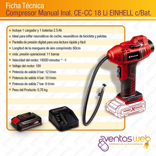 Imagen 9 de 10 de Mini Compresor Inalámbrico Einhell 11 Bar Digital + Bateria