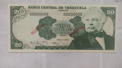 Billete De Muestra De 20 Bs Año 1977 Condición Unc 